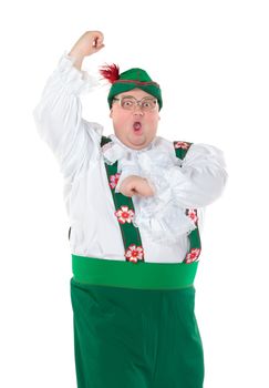 Funny fat man wearing traditional German Bavarian clothes, isolated on white