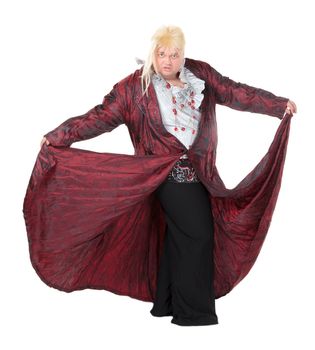 Overweight entertainer or disillusioned drag queen with a cheap blonde wig and flowing robe over long a black skirt, humorous portrait on a white