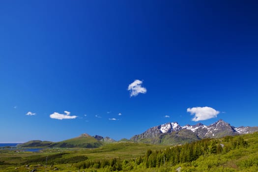 Natural panorama with green forest, snowy mountain peaks and clear blue sky