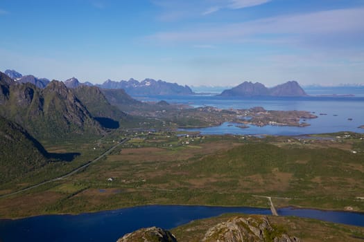 View from hilltop on Lofoten islands in Norway, looking towards town of Svolvaer