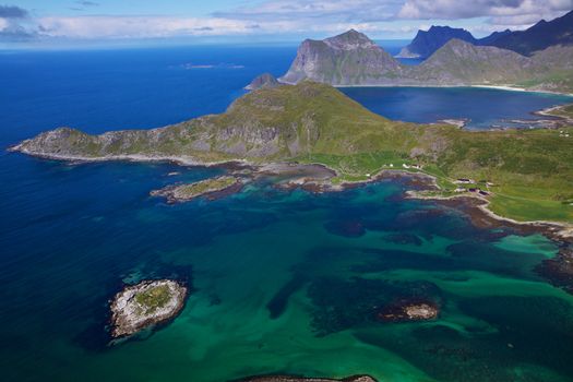 Aerial view of norwegian coast with fjords on Lofoten islands