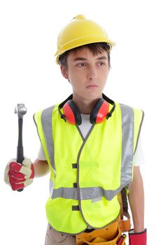 Apprentice builder holding a hammer.  White background.