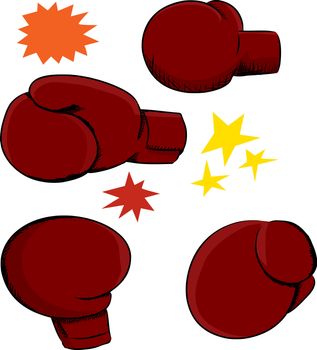 Four red boxing gloves with effects over white background