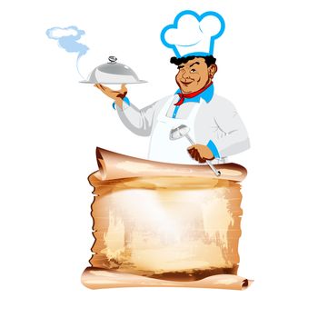 Funny Chef and menu. Food for gourmet