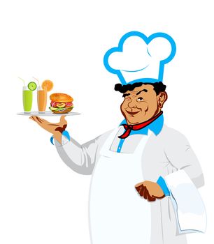 Funny Chef with hamburger and fresh fruit juice