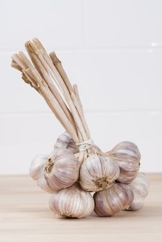 Bunch of tied garlic on wooden kitchen work surface.