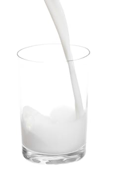 Milk pouring into small glass. White background.