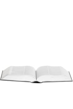 Large book open against white background.