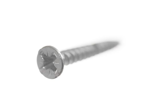 One new metal screw on white background.