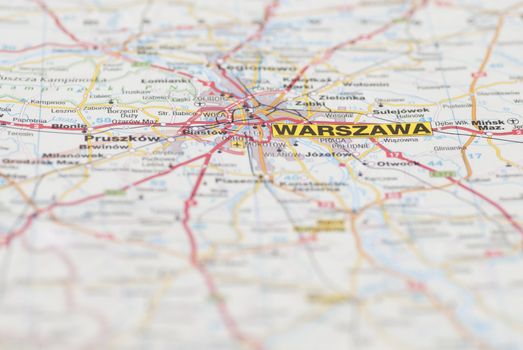 Macro images of Warsaw (Warszawa, Poland) on map.