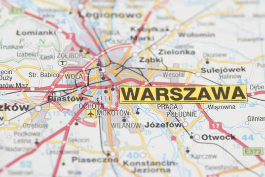 Macro images of Warsaw (Warszawa, Poland) on map.