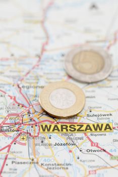 Polish Zloty currency on map marked Warsaw (Warszawa)