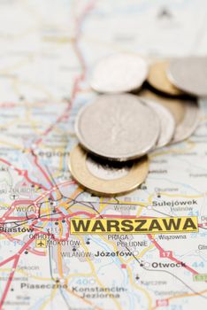 Polish Zloty currency on map marked Warsaw (Warszawa)