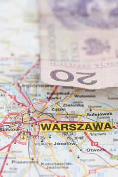 Polish Zloty currency on map marked Warsaw (Warszawa)