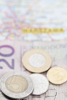 Polish Zloty currency on map marked Warsaw (Warszawa)