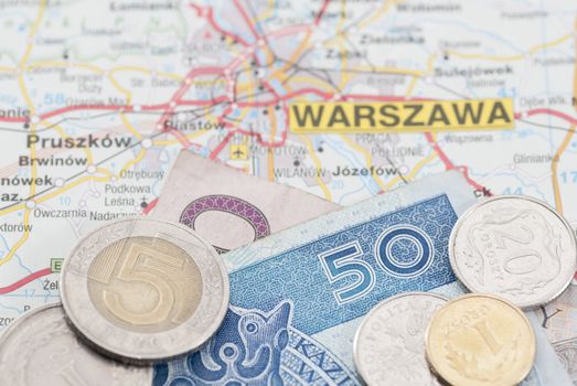 Polish Zloty currency on map marked Warsaw (Warszawa)