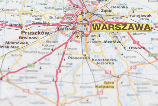 Macro images of Warsaw (Warszawa, Poland) on map.
