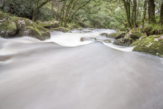 Slow shutter fast flowing river in woodland, Dartmoor, UK.