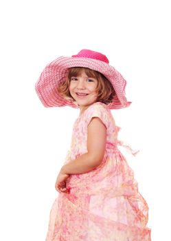 happy little girl with big hat on white