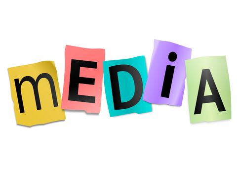 Illustration depicting cutout printed letters arranged to form the word media.