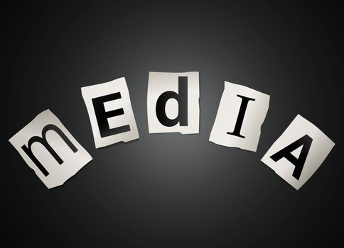 Illustration depicting cutout printed letters arranged to form the word media.