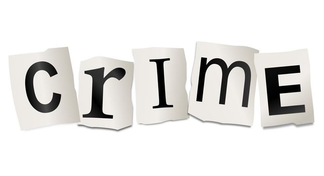 Illustration depicting cutout printed letters arranged to form the word crime.