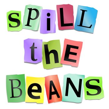 Illustration depicting cutout printed letters arranged to form the words spill the beans.