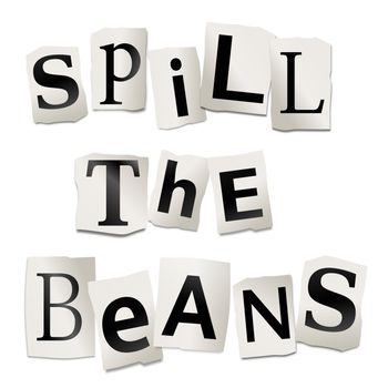 Illustration depicting cutout printed letters arranged to form the words spill the beans.