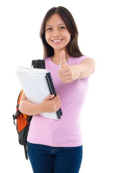 Asian college student thumb up standing isolated on white