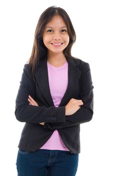 Mixed race college teen girl arms folded standing on white background