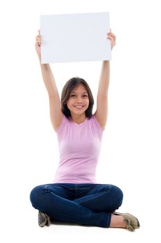 Southeast Asian young girl arms raised holding a white card board sitting over white background