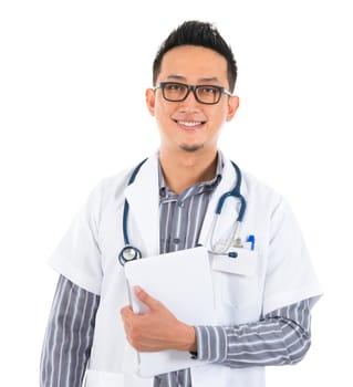 Southeast Asian medical doctor holding a tablet computer, smiling isolated white background
