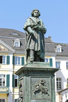 Monument of Ludwig van Beethoven on background of post building in the center of Bonn, Germany