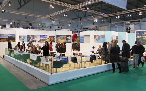 People visit international and regional tourism exhibition areas at BIT, International Tourism Exchange Exhibition in Milan, Italy.