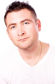 Closeup of a young man isolated in white.
