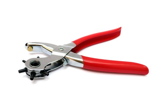 Punching plier with red handle on white background