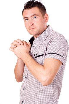 Young man in a black shirt, deep in thought on a white background.
