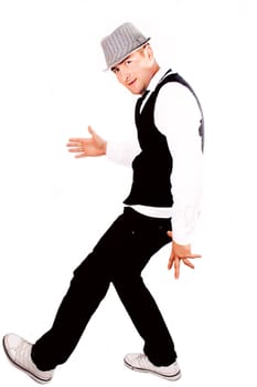 Guy the dancer poses in a white background
