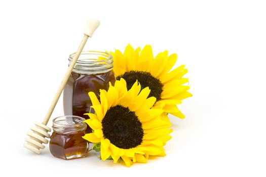 honey and sunflowers on white background