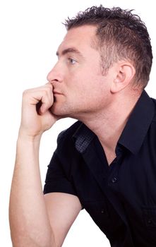 Man in a meditative pose isolated on white background
