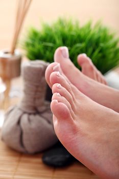 Image of SPA pedicure on bamboo surface