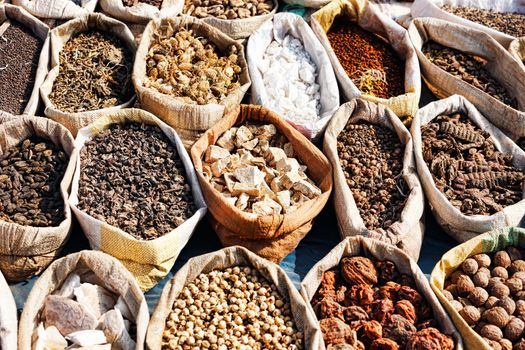 Variety of spices in local market in Pushkar. Rajasthan, India, Asia