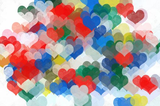 Colorful painted hearts background illustration. Grunge abstract pattern.