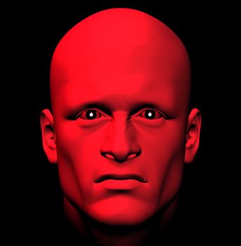 Man with fiery eyes, red with anger. 3d illustration.