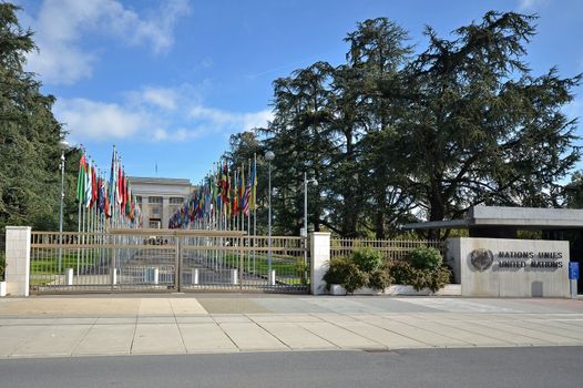 Entrance to the Unitied Nations office in Geneva, Switzerland.