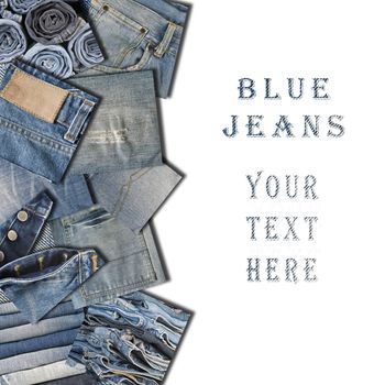 Collage made with square pieces of jeans on a white background with space for text.