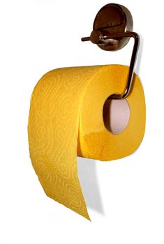 Rolled Yellow Toilet Paper Hanging on Fixture Isolated on White