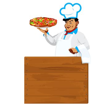 Funny Chef with traditional delicious Italian vegetable pizza and menu