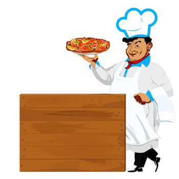 Funny Chef with traditional delicious Italian vegetable pizza and menu