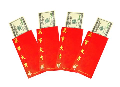 Money dollar cash banknote in red envelopes isolated on white background